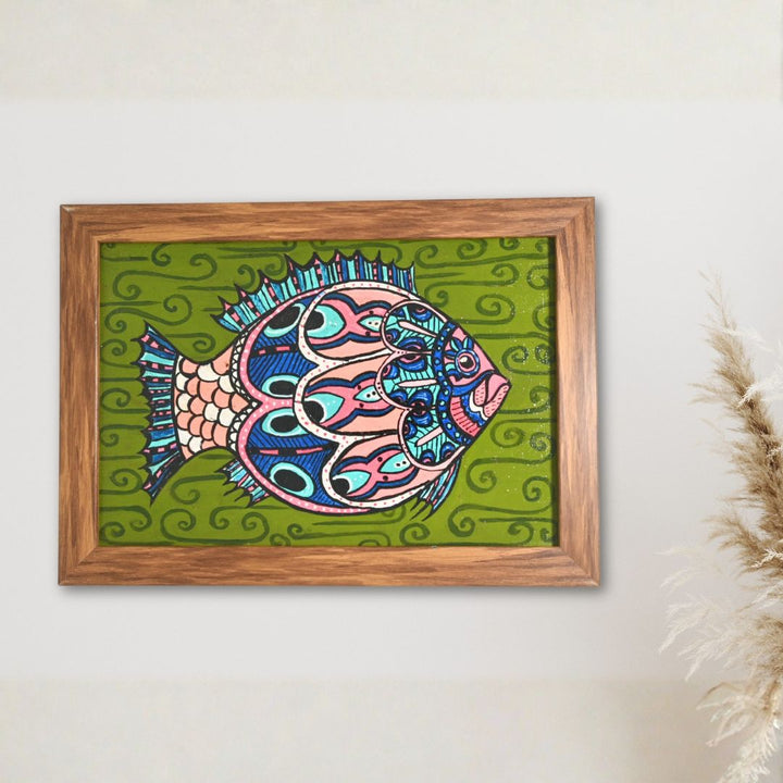 Indha Hand-Painted Boho Fish Wall Art | Upcycled Tablet Painting | Framed in Reclaimed Wood with Vegan Leather Back | Sustainable Acrylic Decor