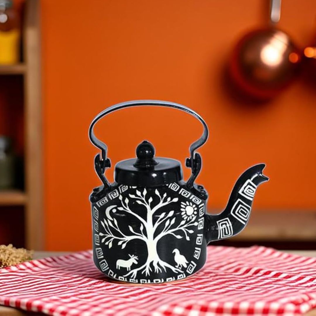 INDHA Hand-Painted Black Aluminum Kettle Tree, Bird & Animal Folk Design 1L | Decorative & Functional | Eco-Friendly Handmade Gift | Indian Tribal Art Home Décor