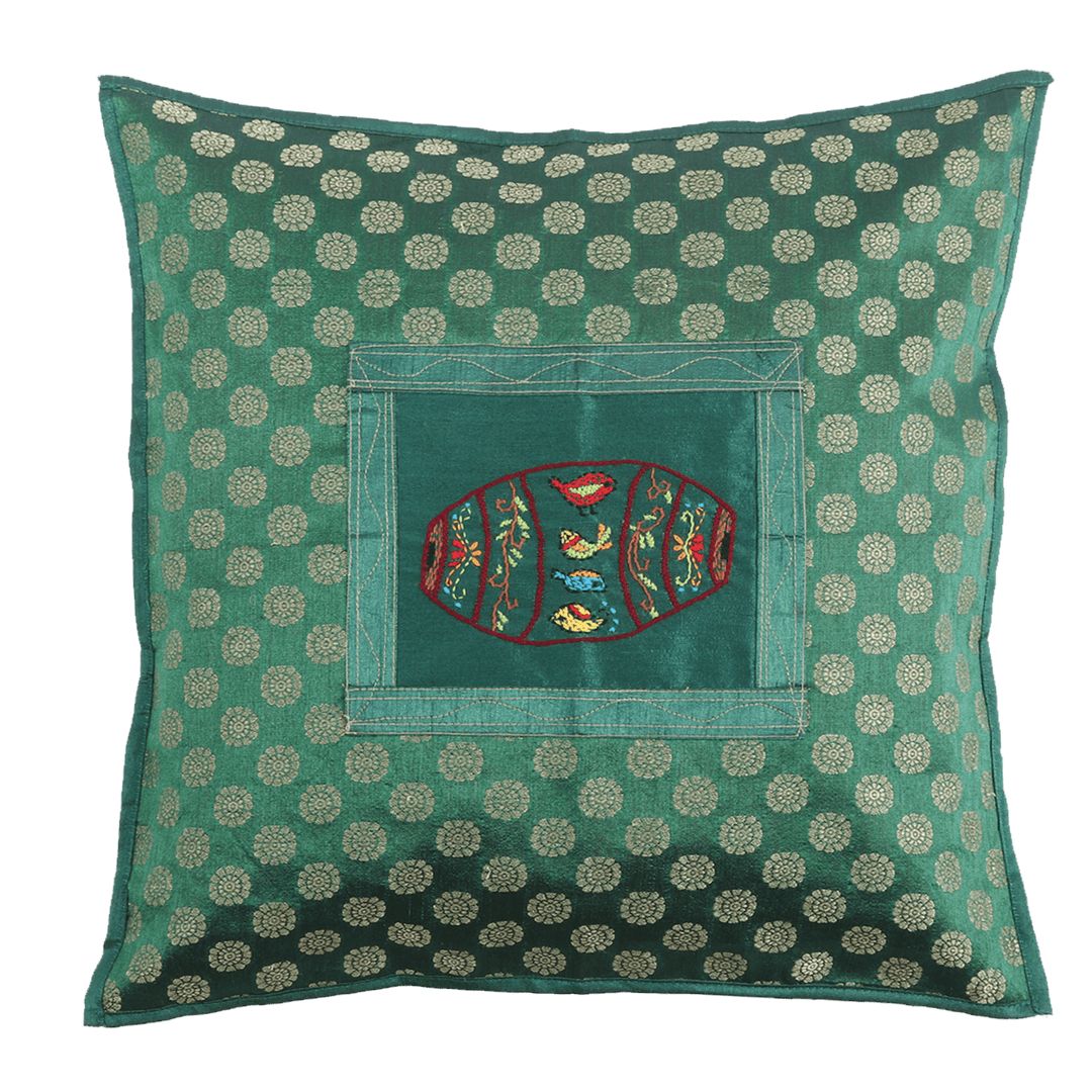 Indha Embroidered Cushion Cover Mridang Motif | 16X16 Cushion covers Set of 2 | Green Cushion Covers | Home Furnishing | Home Decor | Corporate Gifting
