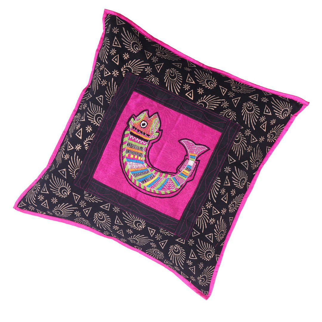 Cotton Hand Block Printed Fish Embroidered Motif Cushion Covers Set of 2