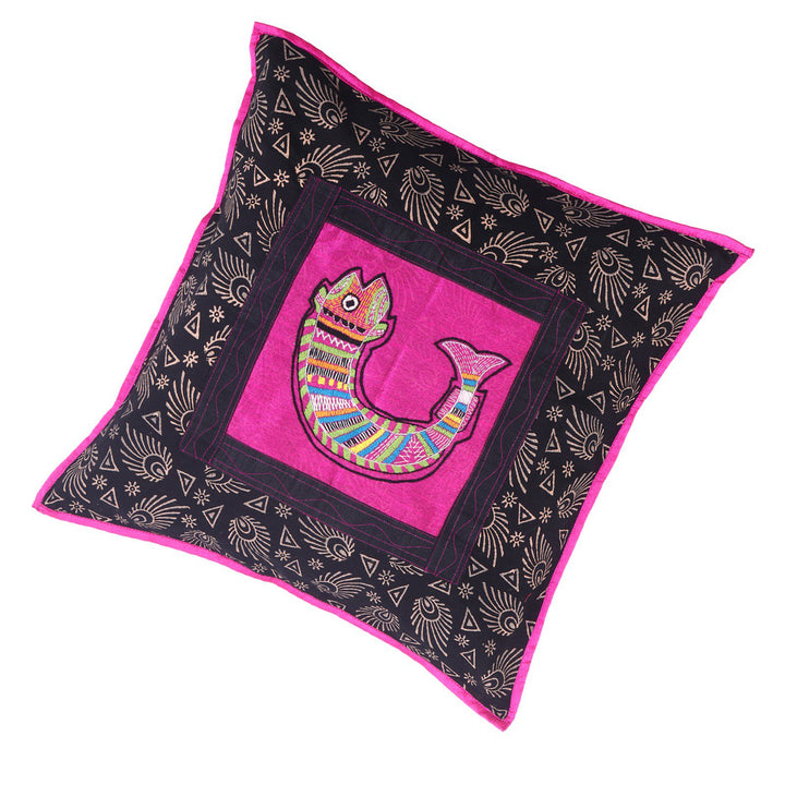 Cotton Hand Block Printed Fish Embroidered Motif Cushion Covers Set of 2