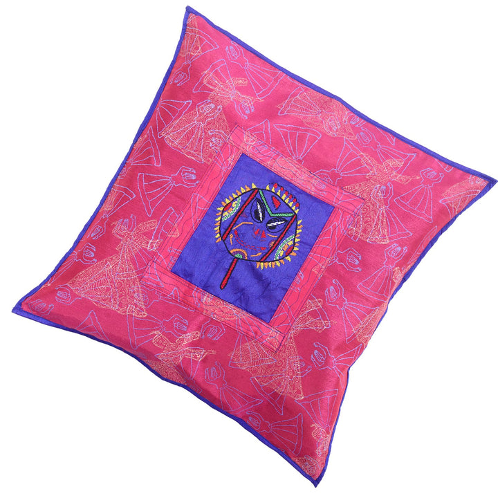 16x16 Inch Cushions Cover with Silk Embroidery of a Doodle Face (Pink Colour)