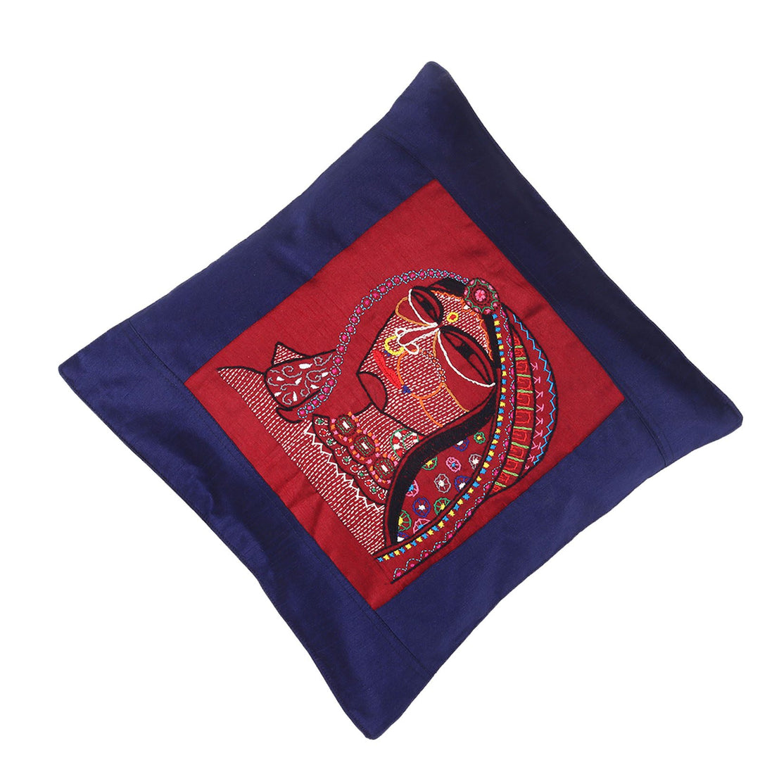 Indha Hand Embroidered Cushion Covers Rajasthani Lady Face Embroidery | 16X16 Cushion Covers Set of 2 | Blue Dupion Silk Cushion Covers | Home Furnishings| Home Decor | Corporate Gifting