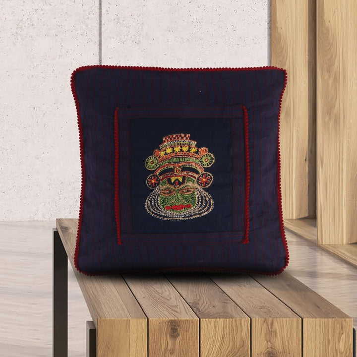 Kathakali Dancer Face Hand Embroidered Blue &amp; Red Throw Dupion Silk Cushion Cover Set (Set of 2) Home Décor | Home Furnishing | Throw Cushion Covers | Corporate Gifting | Hand Embroidered Cushion Cover