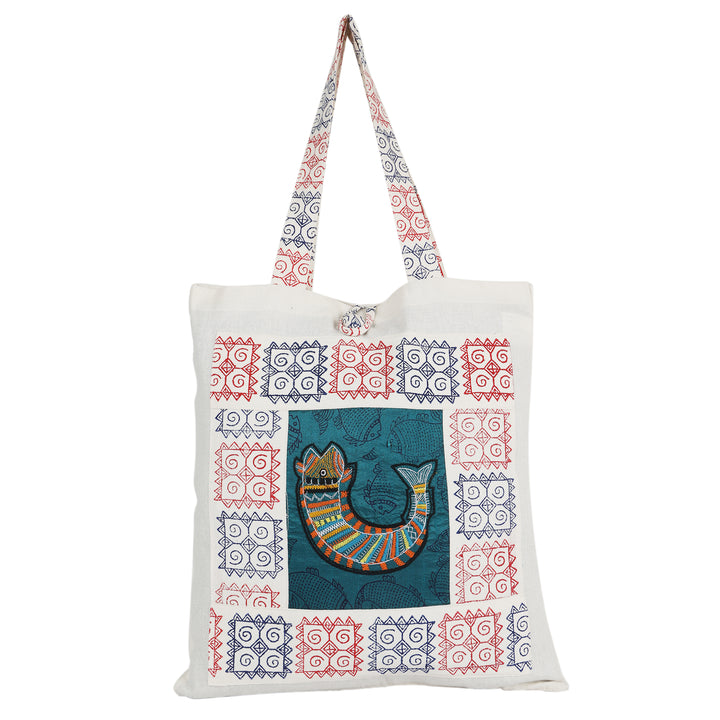Indha Hand Embroidered Cotton Shopping Bag | Eco-Friendly Reusable Tote | Single Unit (14 x 16 in, Assorted Designs)