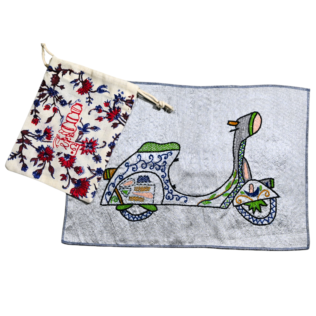 Indha Indo-Italian Scooter Hand Embroidery Panel – Retro Art on Dupion Silk | DIY Decor | Travel-Inspired Gift