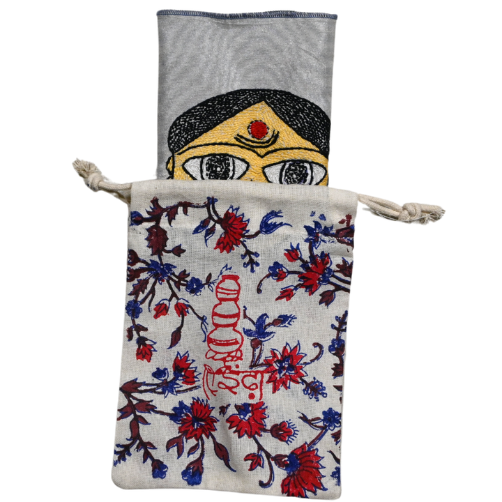 Folk Village Woman Hand Embroidery Panel – Naïve Art on Dupion Silk | DIY Decor | Tribal-Inspired Gift