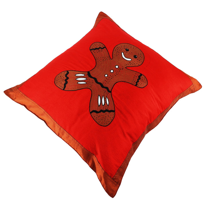 INDHA Cushion Cover with Hand-embroidered Gingerbread man Motif | Red and Brown Dupion Silk | 20.0 x 20.0 Inches Cushion Cover | Throw Cushion Cover |