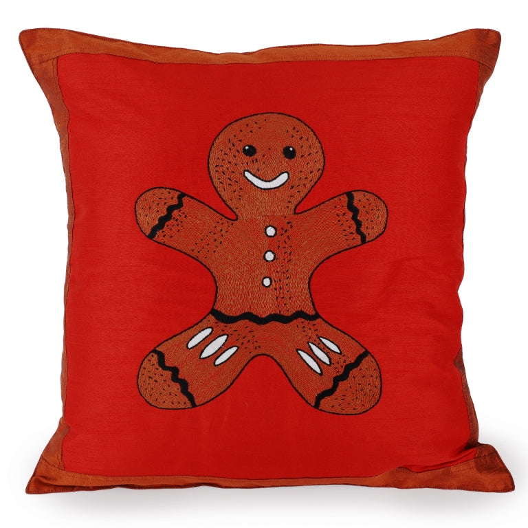 INDHA Cushion Cover with Hand-embroidered Gingerbread man Motif | Red and Brown Dupion Silk | 20.0 x 20.0 Inches Cushion Cover | Throw Cushion Cover |