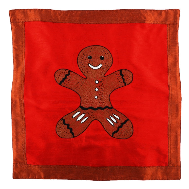INDHA Cushion Cover with Hand-embroidered Gingerbread man Motif | Red and Brown Dupion Silk | 20.0 x 20.0 Inches Cushion Cover | Throw Cushion Cover |