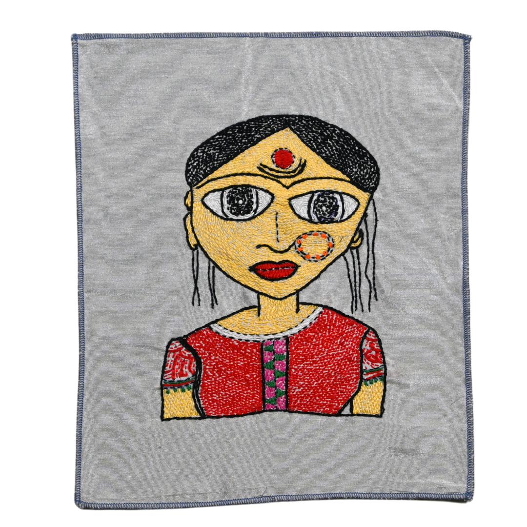 Folk Village Woman Hand Embroidery Panel – Naïve Art on Dupion Silk | DIY Decor | Tribal-Inspired Gift