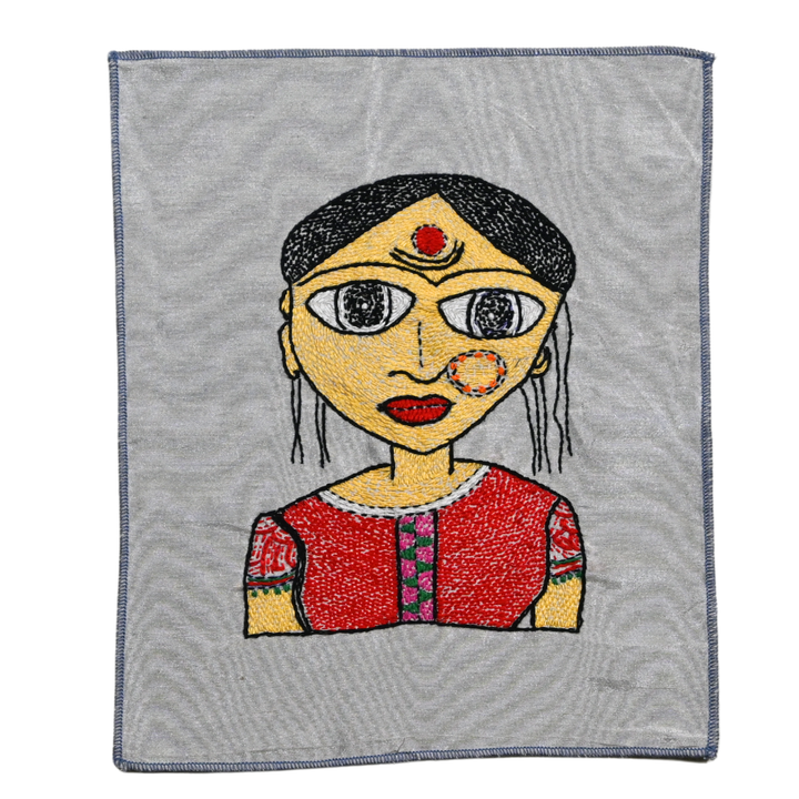 Folk Village Woman Hand Embroidery Panel – Naïve Art on Dupion Silk | DIY Decor | Tribal-Inspired Gift