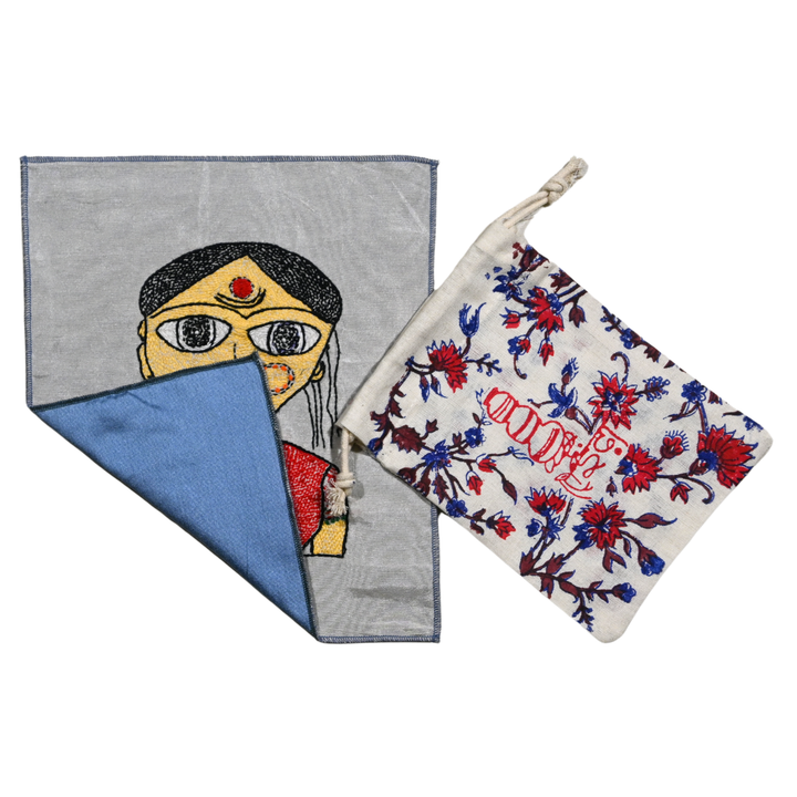 Folk Village Woman Hand Embroidery Panel – Naïve Art on Dupion Silk | DIY Decor | Tribal-Inspired Gift