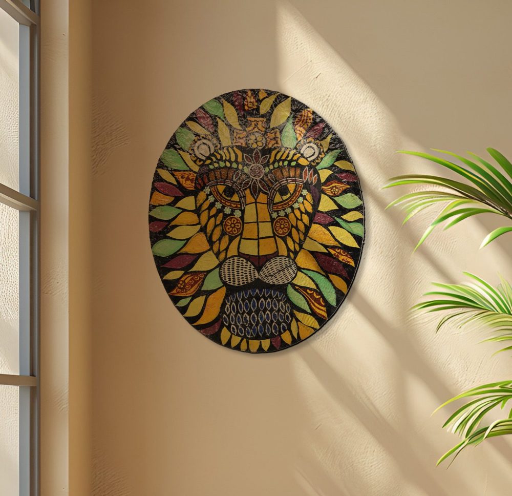 Indha's Hand-Painted Lion's Face Wall Art | Wooden Painted Lion Face Wall artwork | Sustainable wall hanging art| Wall art for living room| Wooden painted wall art|