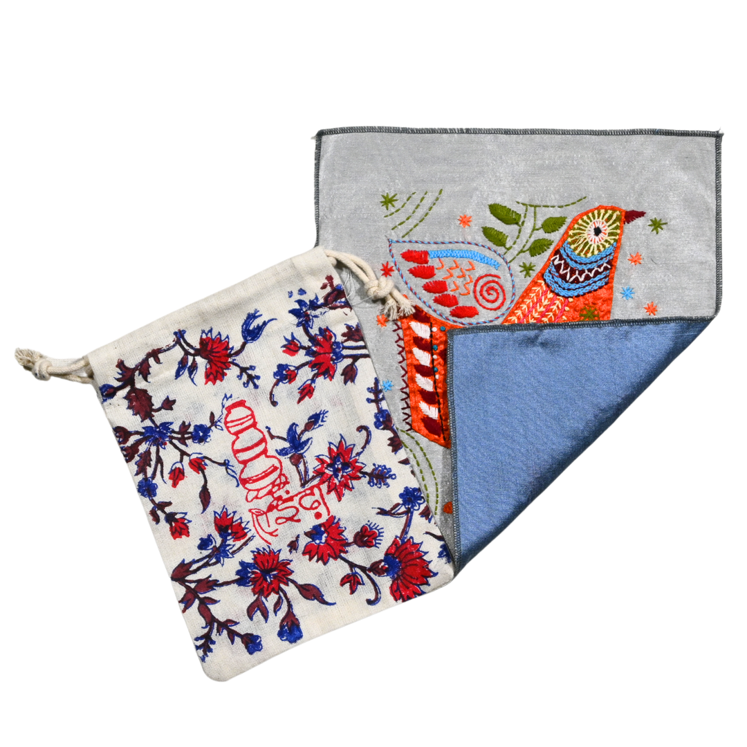 Indha Folk Hen Hand Embroidery Panel – Whimsical Bird Motif on Dupion Silk | DIY Decor | Nature-Inspired Gift