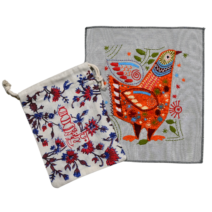 Indha Folk Hen Hand Embroidery Panel – Whimsical Bird Motif on Dupion Silk | DIY Decor | Nature-Inspired Gift
