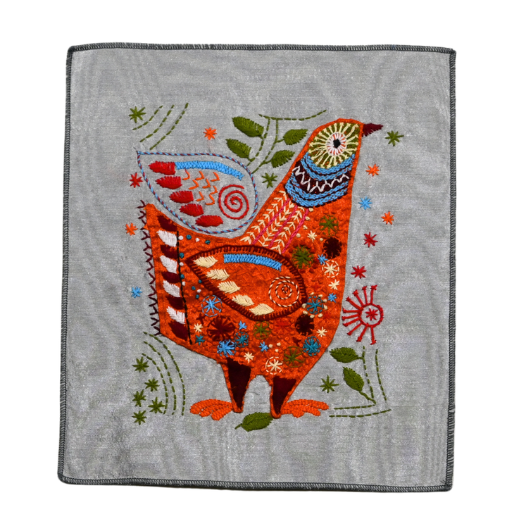 Indha Folk Hen Hand Embroidery Panel – Whimsical Bird Motif on Dupion Silk | DIY Decor | Nature-Inspired Gift