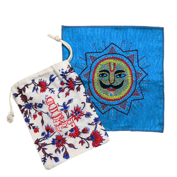 Indha Folk Sun Face Hand Embroidery Panel – Radiant Solar Motif on Dupion Silk | Ethnic Wall Decor | DIY &amp; Gift