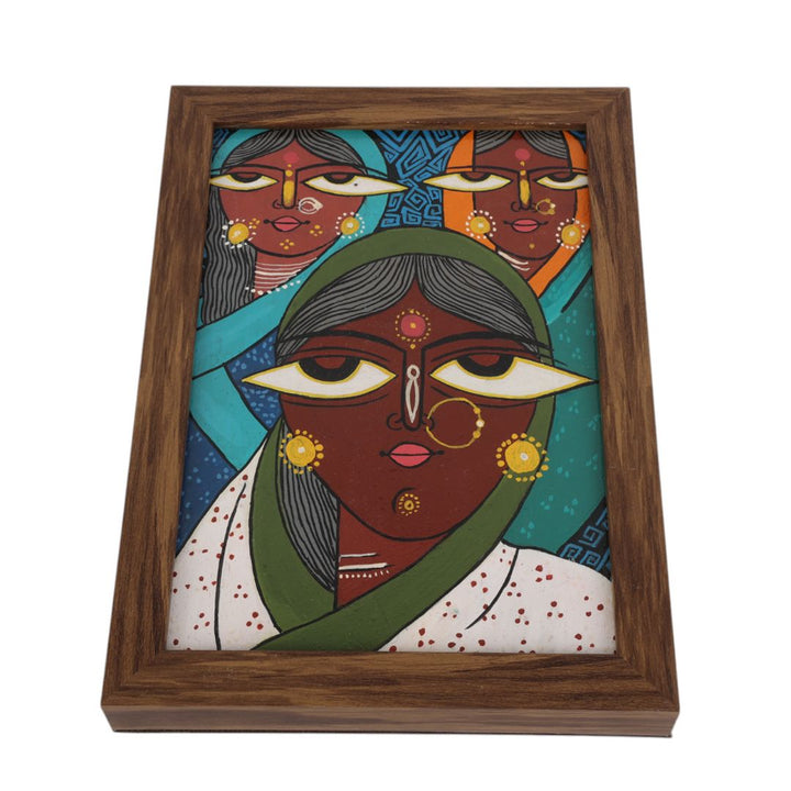 Indha Hand-Painted Abstract Wall Art | Made from Repurposed Tablet &amp; Wood | Sustainable &amp; Framed | Unique Corporate Gift| Three Women Art Acrylic Colours