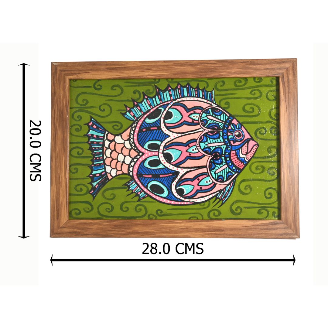 Indha Hand-Painted Boho Fish Wall Art | Upcycled Tablet Painting | Framed in Reclaimed Wood with Vegan Leather Back | Sustainable Acrylic Decor