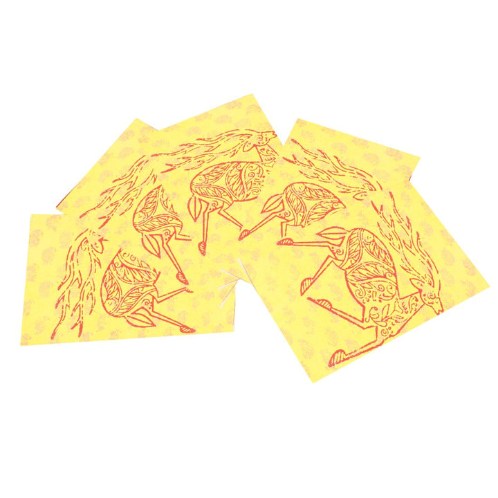 Deer Hand Block Print Yellow Colour Pack of 5 Greeting Card