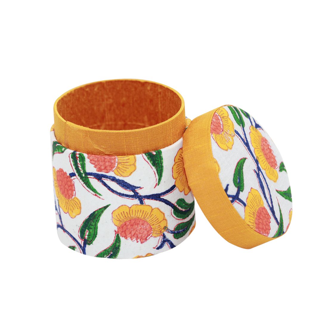 Yellow Colour Hand Block Printed Round Gift Box