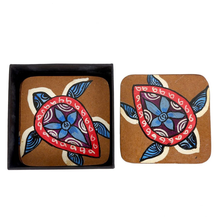 INDHA Hand-Painted Turtle Recycled Wooden Coasters Pack of Six |Good Luck Charm for homes Tribal Craft Living Room Décor|Vastu gift