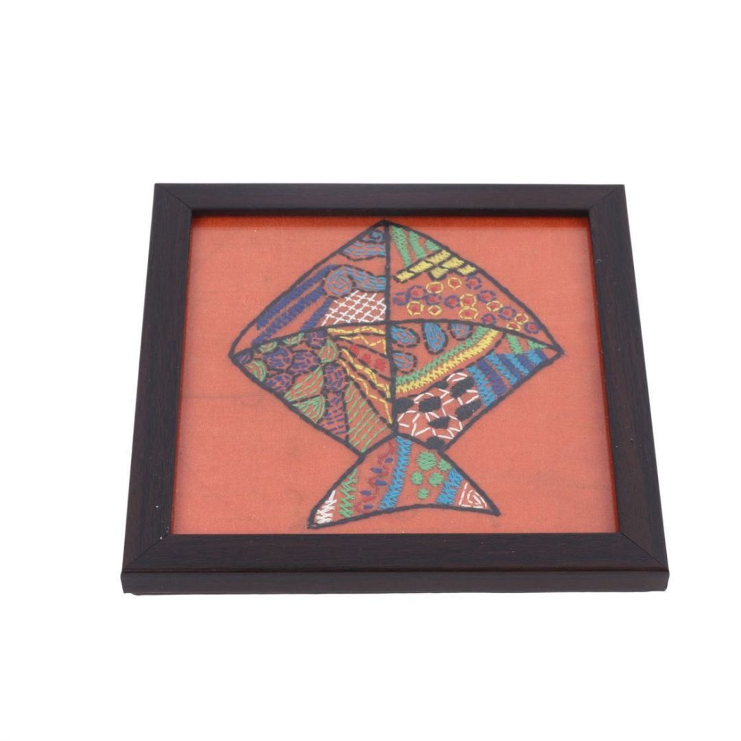 INDHA Rust-Colored Tribal Hand-Embroidered Table Top Wooden, Glass Coaster for Tea/Coffee Table set of 2