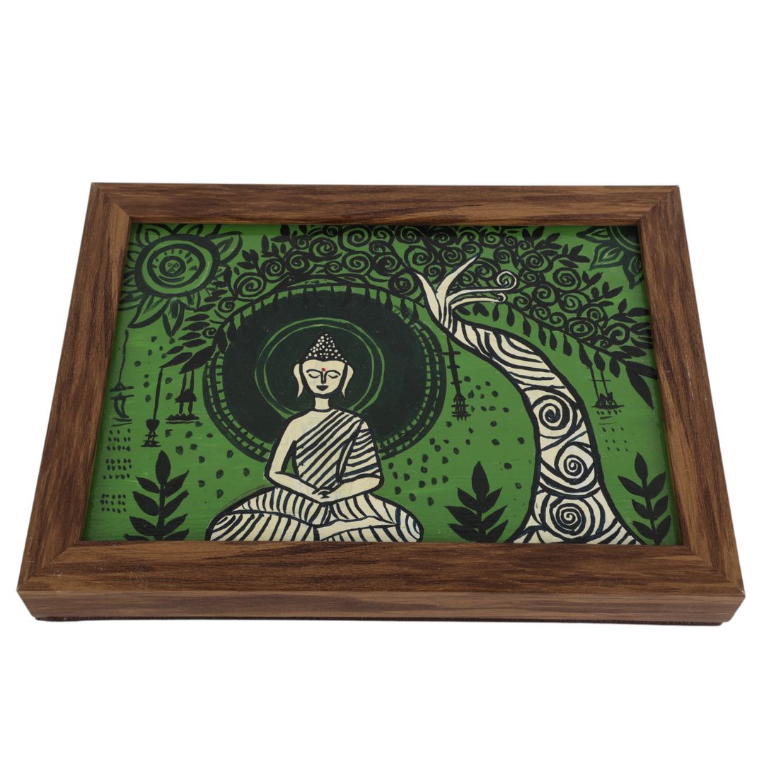 Indha Hand-Painted Buddha Wall Art | Meditating Under Tree | Upcycled Tablet with Reclaimed Wood Frame &amp; Vegan Leather Back | Eco-Friendly Spiritual Decor