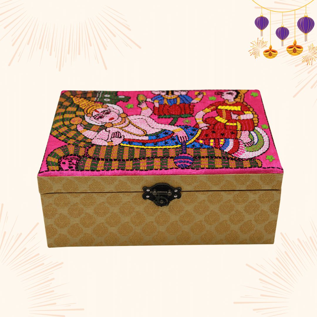 INDHA Hand Embroidered Golden Colour Multi utility Gift Box/Storage Box/ Jewellery Box/Diwali Gift Box
