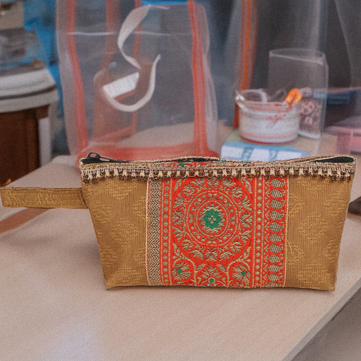 Indha Golden Brocade Utility Pouch with Embroidered Panel | Handcrafted Multipurpose Travel Organizer | Sustainable &amp; Stylish Gifting Idea