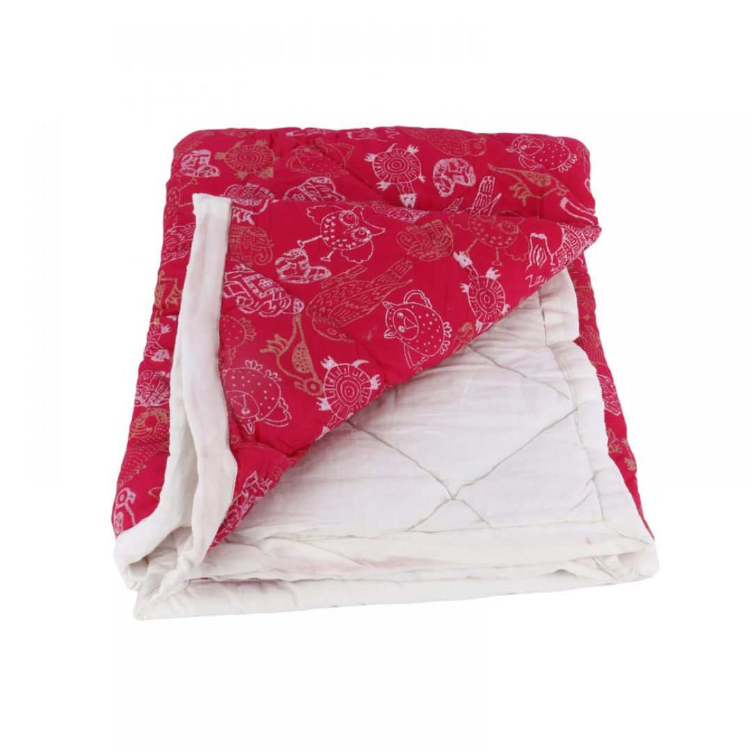 INDHA Pink Colour Animal Hand Block Printed Cotton Comforter for Kids/Baby Comforter