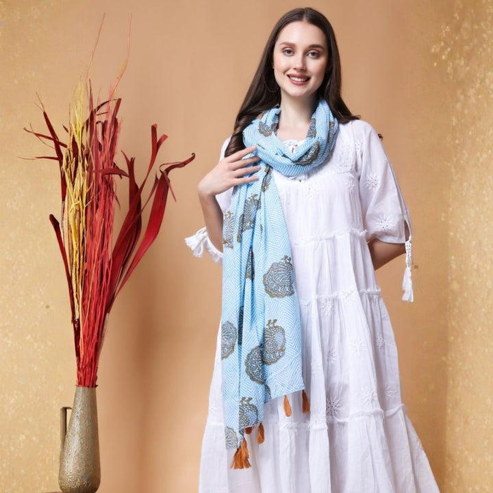 INDHA Stole | White Cotton Stole | Hand Block Printed Blue Geometric Design Pattern And Brown Peacock Design Motif | Hand Block Printed Stole | Stoles For Women | Ethnic Stoles | Gifting | Fashion Wear | Indo Western Stole | Fashion Accessory
