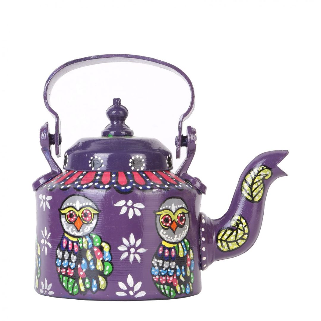 INDHA Hand Painted Owl Motif Decorative Purple Kettle | Home Décor