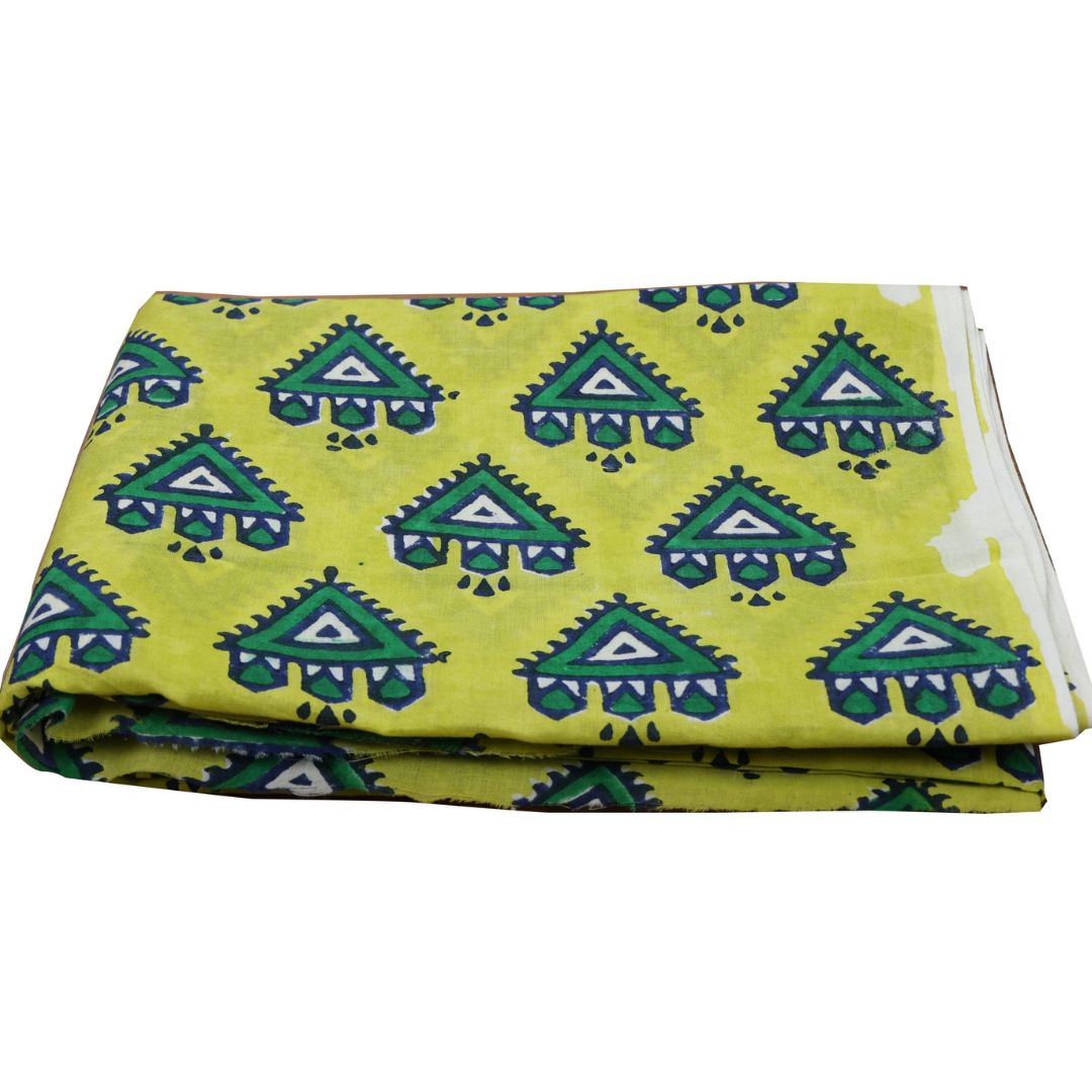Indha Hand Block-Printed Multicolor Temple Design Motif Light Green Cotton Fabric | Hand Block Printed Fabric | Home Utility | Fashion Utility | Gifting | Gifts For Him | Gifts For Her | Home Furnishing | Jaipuri Block Print Fabric
