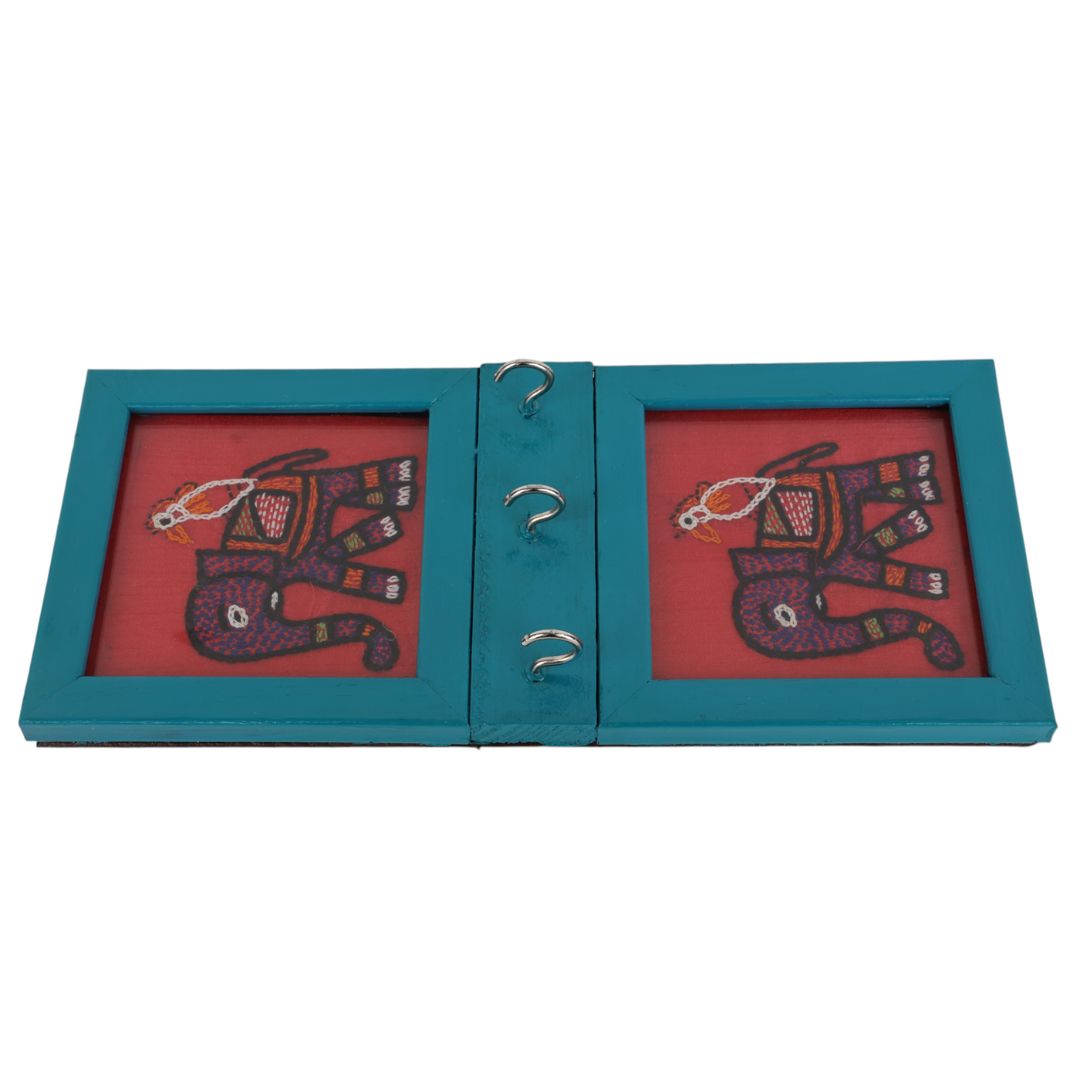 Indha Hand-Embroidered 3-Hook Key Holder | Elephant Motif Wall Art | Crafted with Repurposed Wood | Functional &amp; Artistic Home Accent