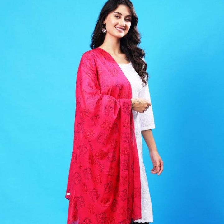 INDHA Stole | Pink Voil Cotton Stole | Hand Block Printed Blue &amp; Red Gemetric Pattern | Hand Block Printed Stole | Stoles for Women | Ethnic Stoles | Gifting | Fashion Wear | Indo Western Stole | Fashion Accessory | Light Weight Voil Fabric