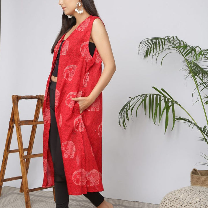 Indha Elephant Design Block Printed Red Shrug
