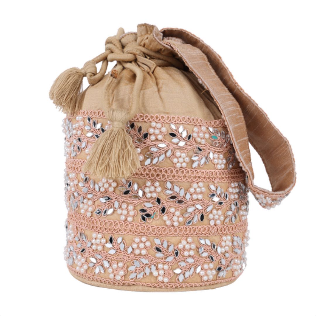 INDHA Handcrafted Potli | Beige Dupion Silk Potli | Chain Stitch Hand Embroidered Floral Design Pattern | Decorative Potli With Beads |