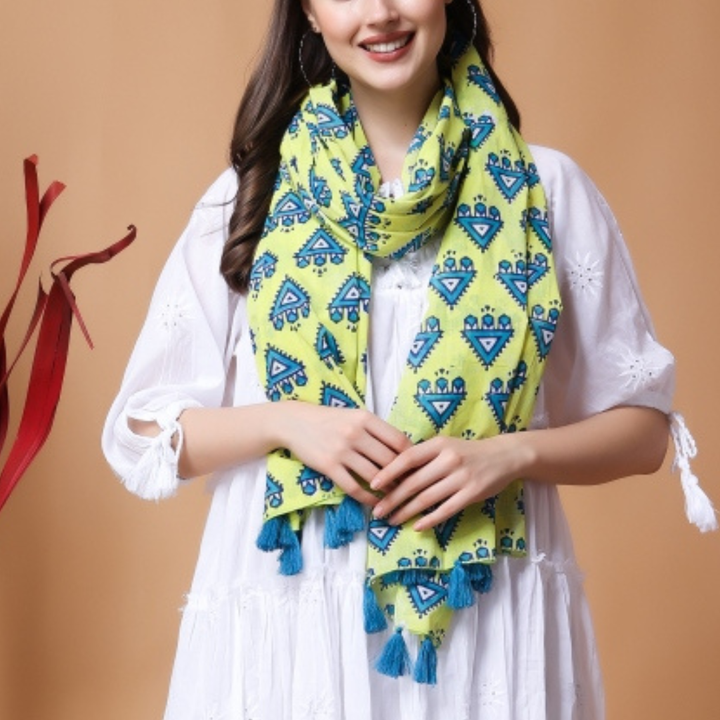 INDHA Hand Block Printed Green Stole | Hand Block Printed Blue Temple Design Motif | Hand Block Printed Stole | Stoles For Women | Ethnic Stoles | Gifting | Fashion Wear | Indo Western Stole | Fashion Accessory