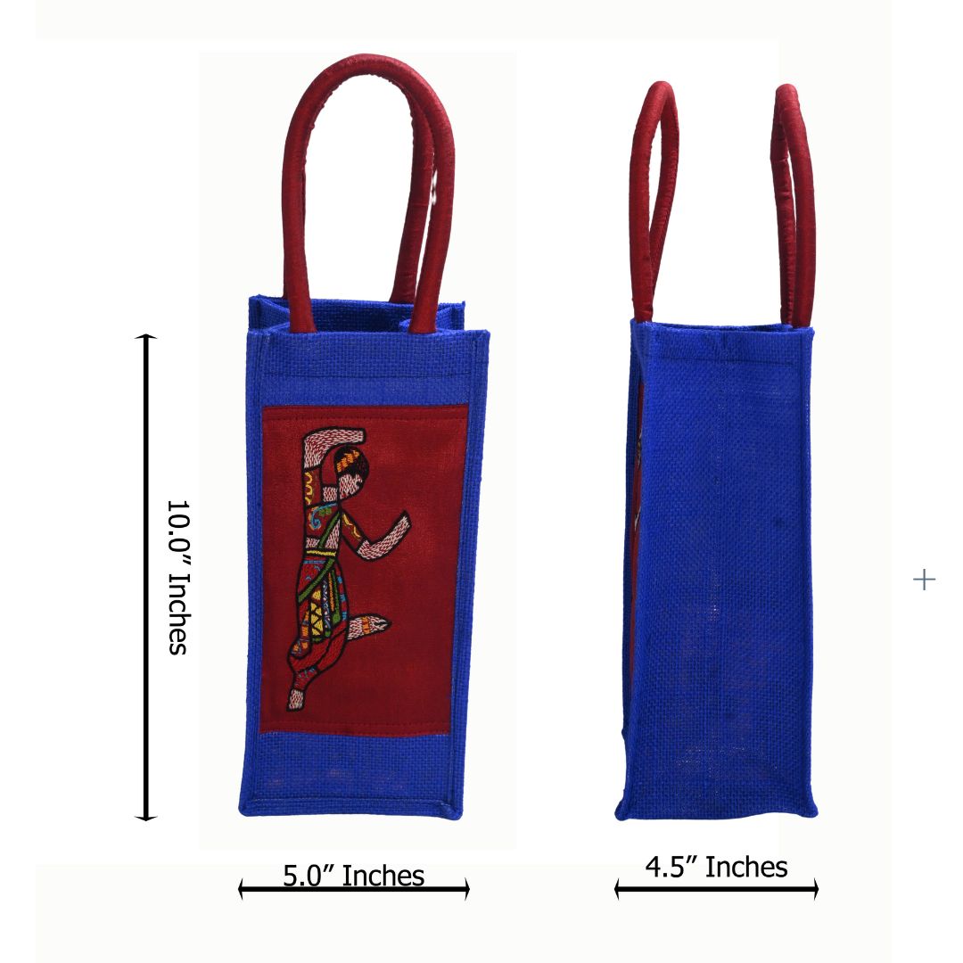 Indha Blue Jute Bottle Carry Bag – Dancing Lady Appliqué | Eco-Friendly &amp; Handcrafted
