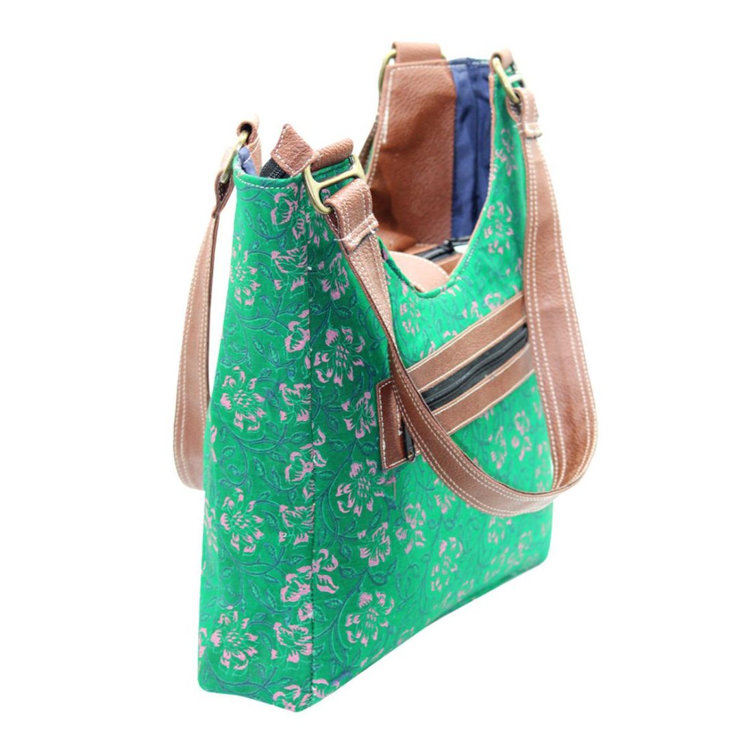 Green Colour Cotton Hand Block Printed Shoulder Bag for Girls/Women