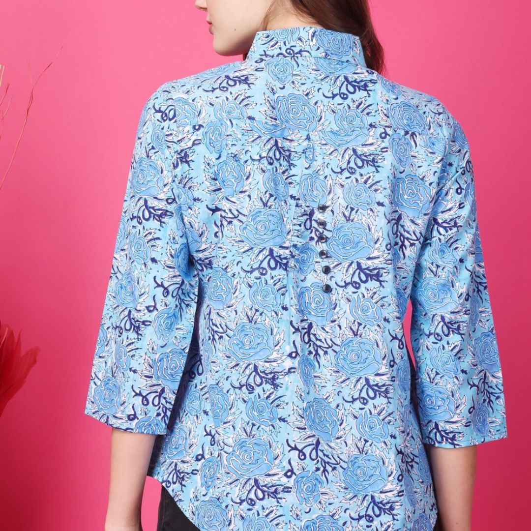 Indha Block Printed Azure Rayon Casual Shirt Collar 3/4th Sleeves Formal Wear Shirt For Women's-XL