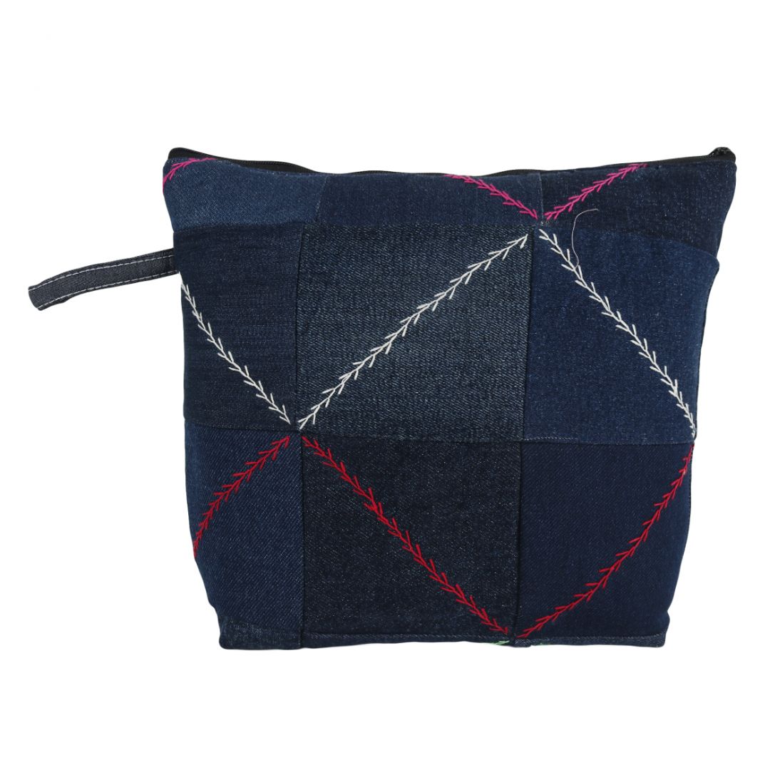 Blue Denim Patchwork with Red & White Auto Rickshaw Design Hand Embroidered Utility Pouch | Accessory | Travel Utility | Travel Pouch