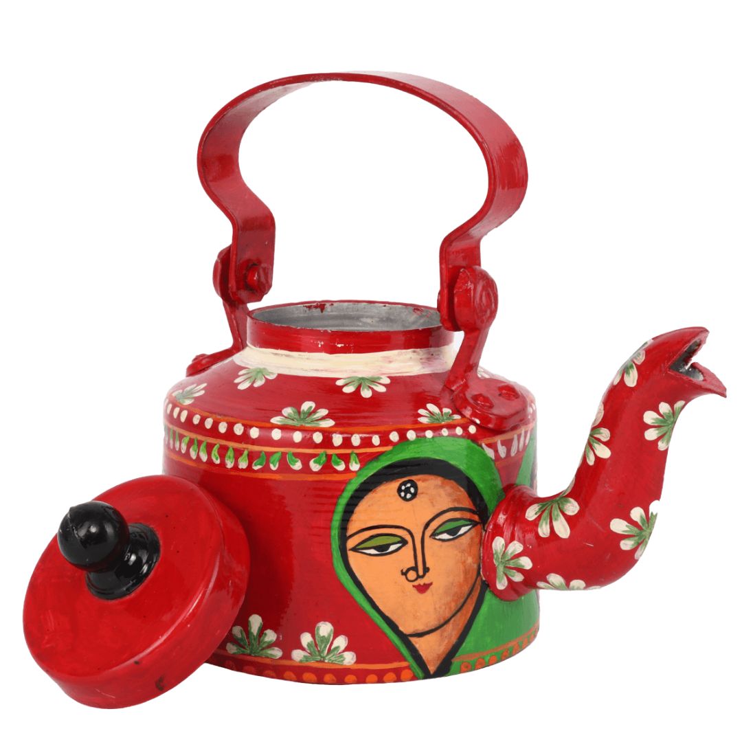 INDHA Decorative Aluminium Handpainted Kettle Motherhood Theme | Hand-painted Kettle Red | Exquisite Design | Gift Piece | Home Décor