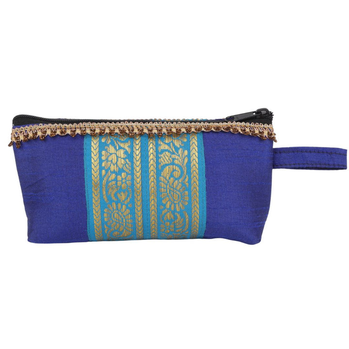 Indha Blue Dupion Silk Utility Pouch with Golden Brocade | Handcrafted Multipurpose Zipper Pouch | Elegant Eco-Friendly Gifting Option