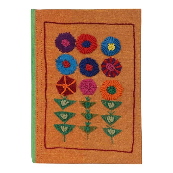 INDHA Handcrafted Recycle Paper diary | Eco Friendly Diary | Gifting | Sustainable Corporate Gifting| Handmade Diary | Abstract Embroidery Diary| Orange-Green Silk Fabric|Hand Embroidered