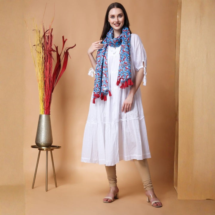 INDHA Stole | Sky Blue Cotton Stole | Hand Block Printed Red And White Flower Design Motif | Hand Block Printed Stole | Stoles For Women | Traditional Stoles | Gifting | Fashion Wear | Indo Western Stole | Fashion Accessory