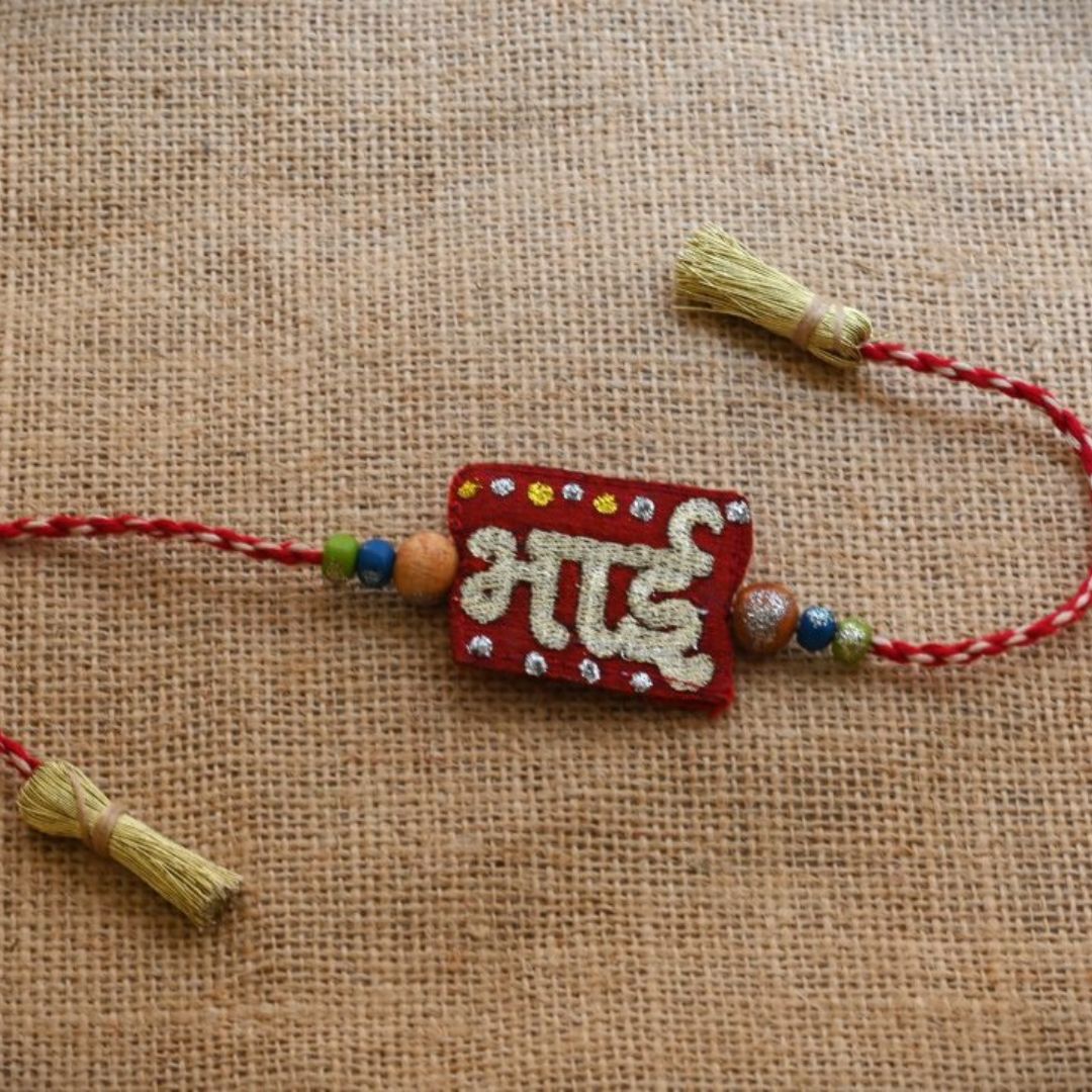 Indha Bhai Design Rakhi Set with Roli Chawal for Men (Pack of 1) | Embroidered Handcrafted Raksha Bandhan Bracelet for Brother