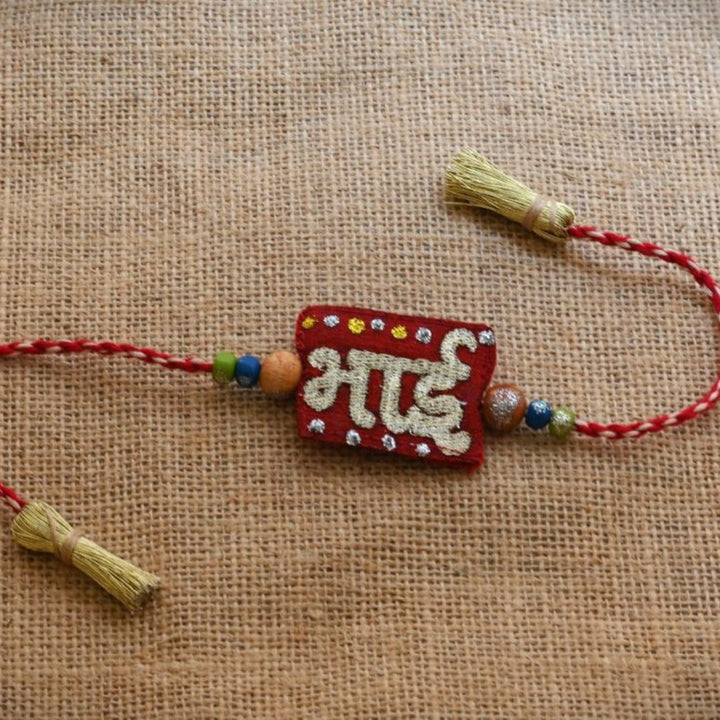 Indha Bhai Design Rakhi Set with Roli Chawal for Men (Pack of 1) | Embroidered Handcrafted Raksha Bandhan Bracelet for Brother